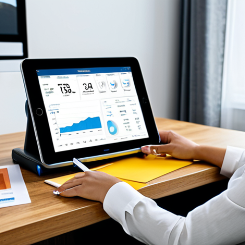 Home 13 Consolidated Financial Overview**
A woman sitting at a desk, reviewing a clear, well-organized dashboard on a tablet displaying consolidated financial information: credit score, bank accounts, credit card balances, and spending habits. The setting is a bright, modern home office. She is fully clothed in professional attire, a modest blouse and slacks. Safe for work, appropriate content, perfect anatomy, natural proportions, professional, family-friendly.
**