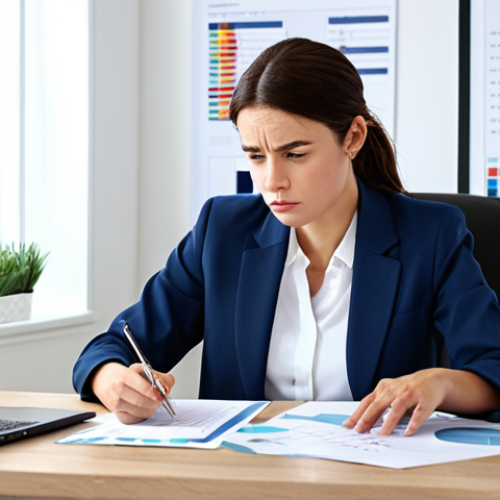 Home 12 신용 관리에서의 정보의 중요성 - **Prompt:** A woman reviewing a credit report at a bright, modern desk. She is wearing a professiona...