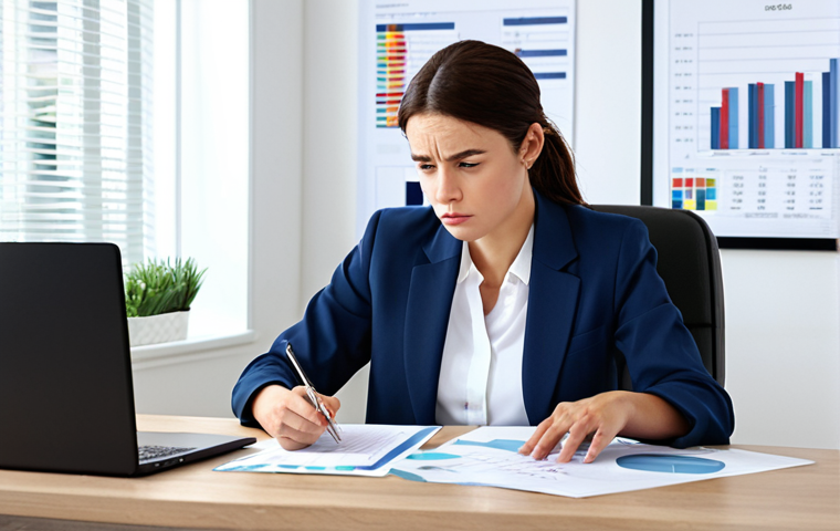 신용 관리에서의 정보의 중요성 - **Prompt:** A woman reviewing a credit report at a bright, modern desk. She is wearing a professiona...